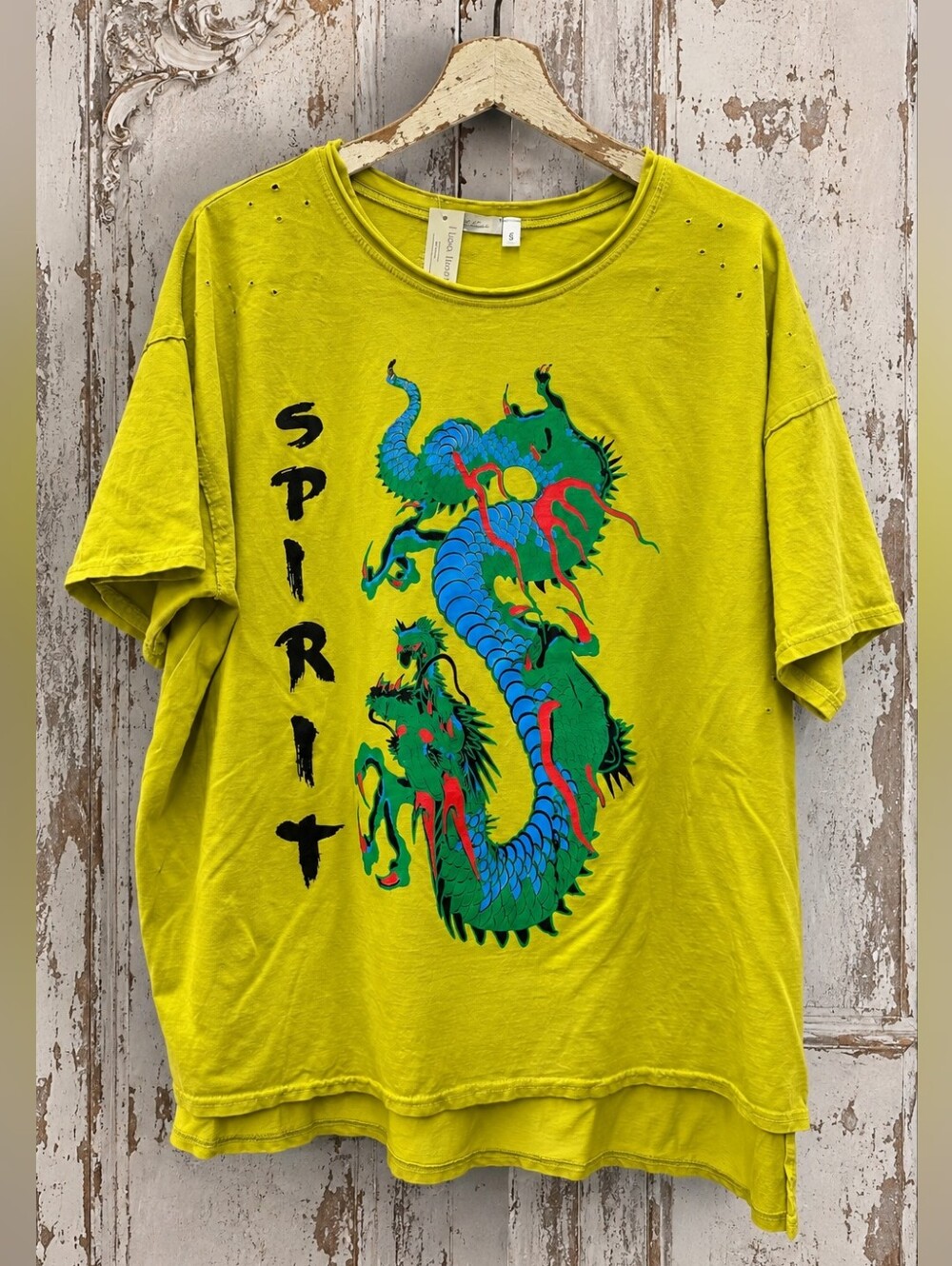 Free Spirit Dragon Graphic Boho Shirt - Yellow Green Top Hippie Tunic Blouse L